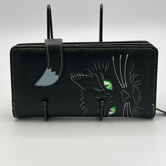 Nemesus Now Lucky Cat Purse Wallet Black Faux Leather Black Cat Green Eyes Tail - Picture 2 of 9